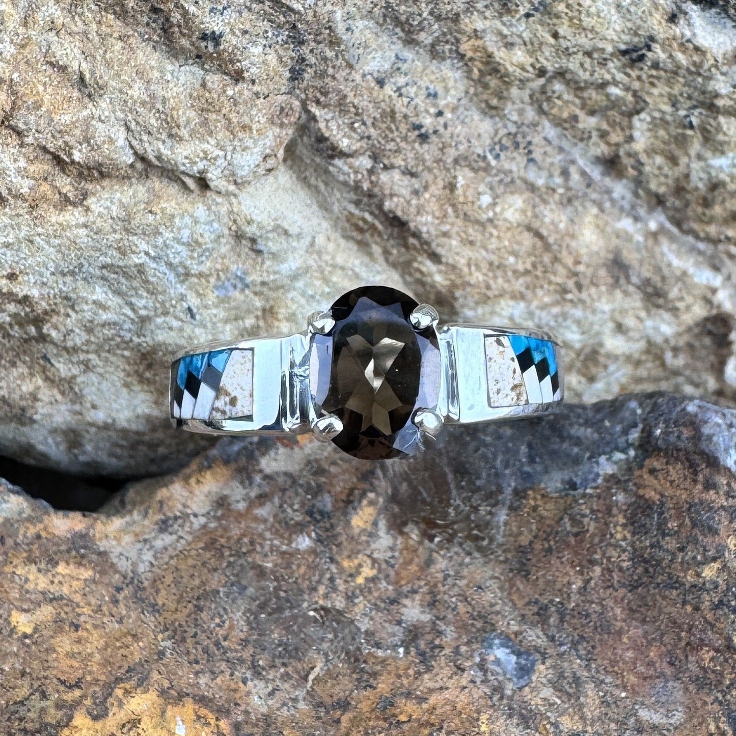David Rosales Iron Spirit Inlaid Sterling Silver Ring w/ Smoky Topaz