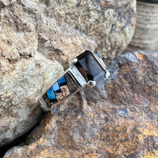 David Rosales Iron Spirit Inlaid Sterling Silver Ring w/ Smoky Topaz