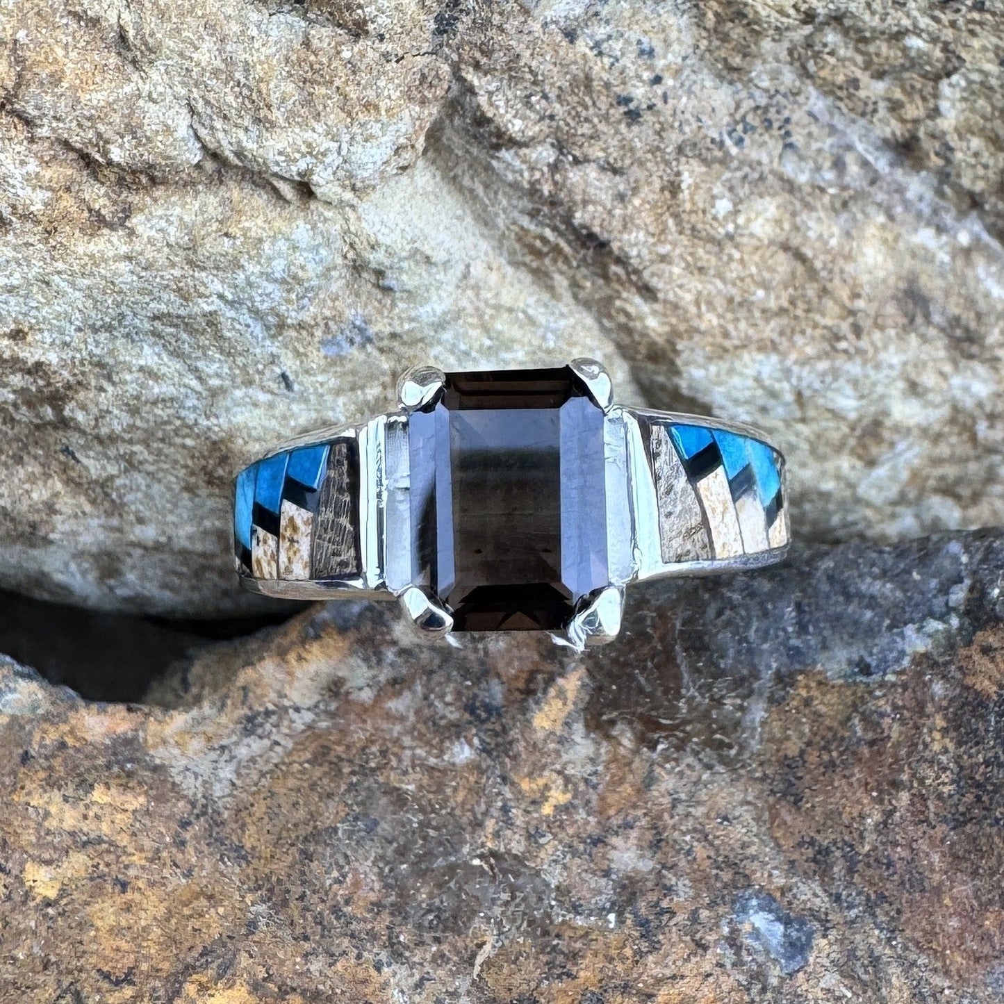 David Rosales Iron Spirit Inlaid Sterling Silver Ring w/ Smoky Topaz