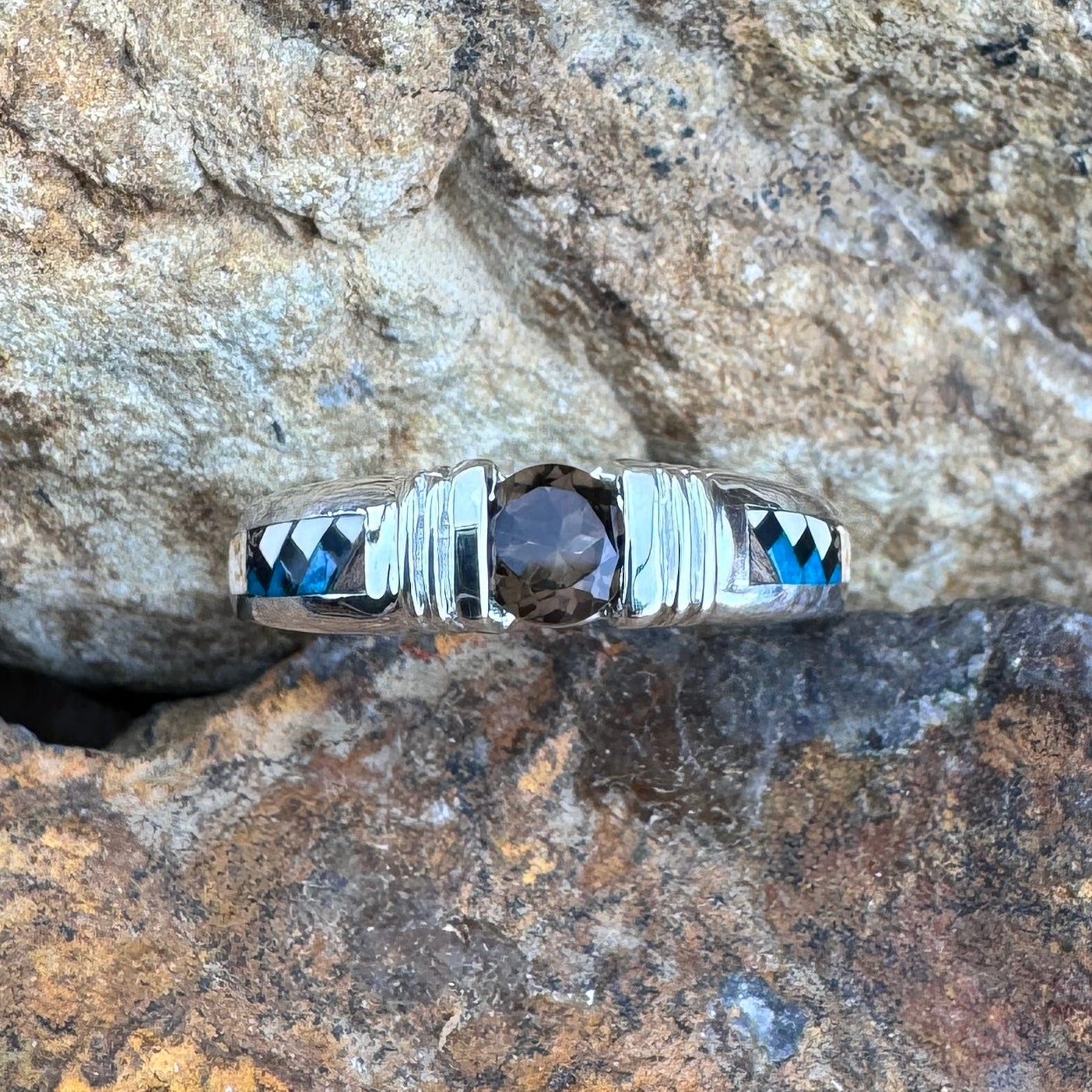 David Rosales Iron Spirit Inlaid Sterling Silver Ring w/ Smoky Topaz