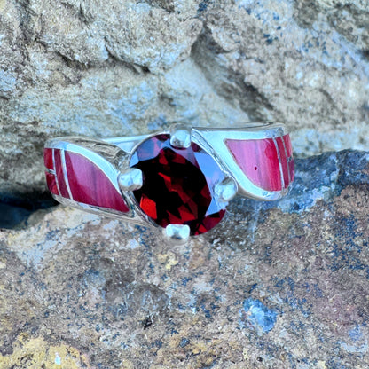 David Rosales Rosarita Inlaid Sterling Silver Ring w/ Red Garnet