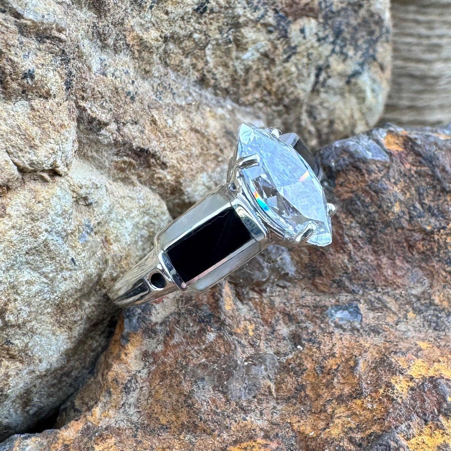 David Rosales Tuxedo Inlaid Sterling Silver Ring with Cubic Zirconia