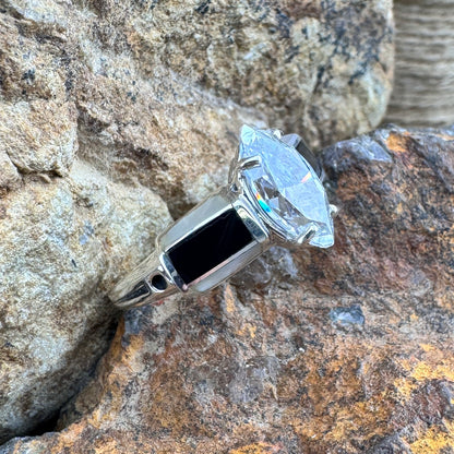 David Rosales Tuxedo Inlaid Sterling Silver Ring with Cubic Zirconia