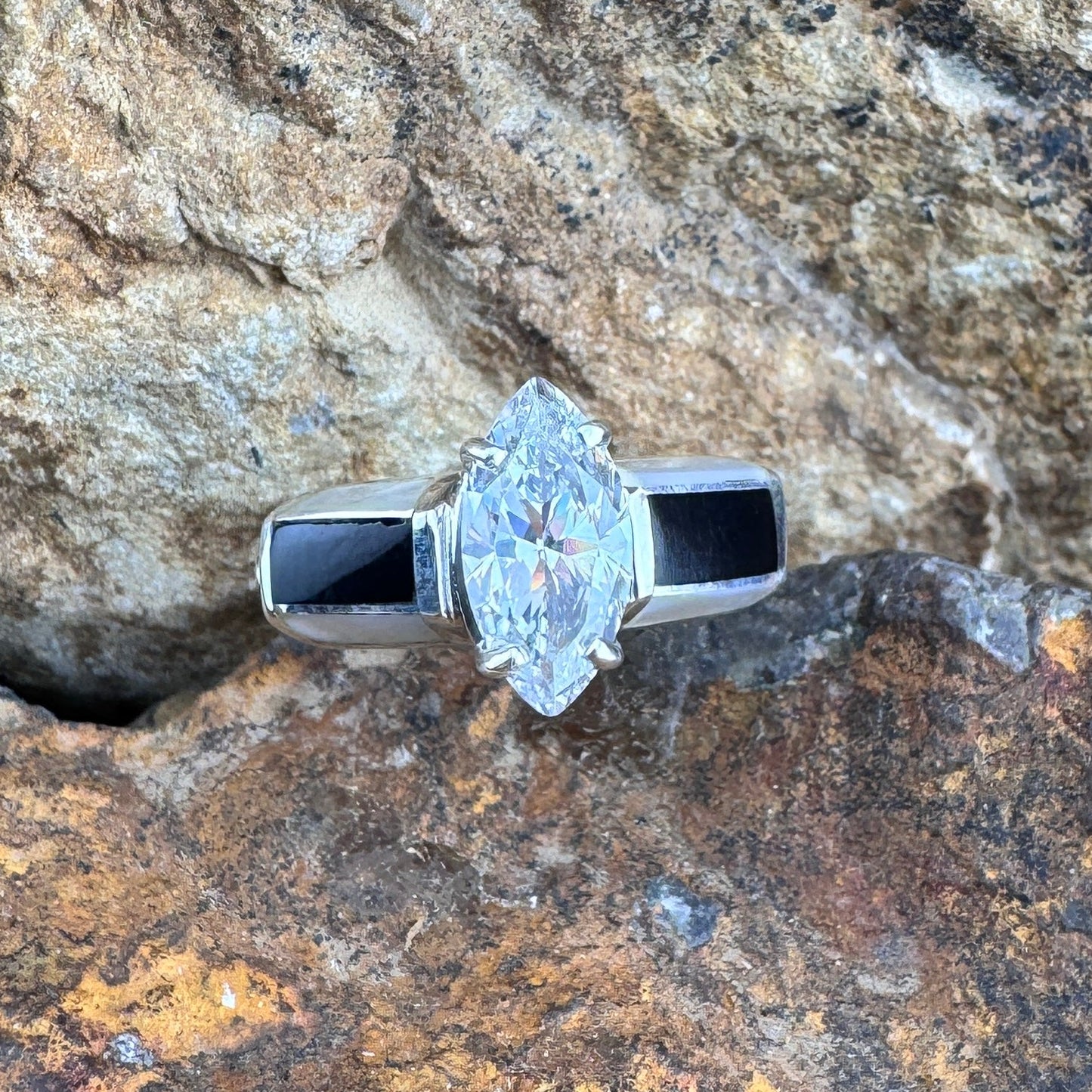 David Rosales Tuxedo Inlaid Sterling Silver Ring with Cubic Zirconia