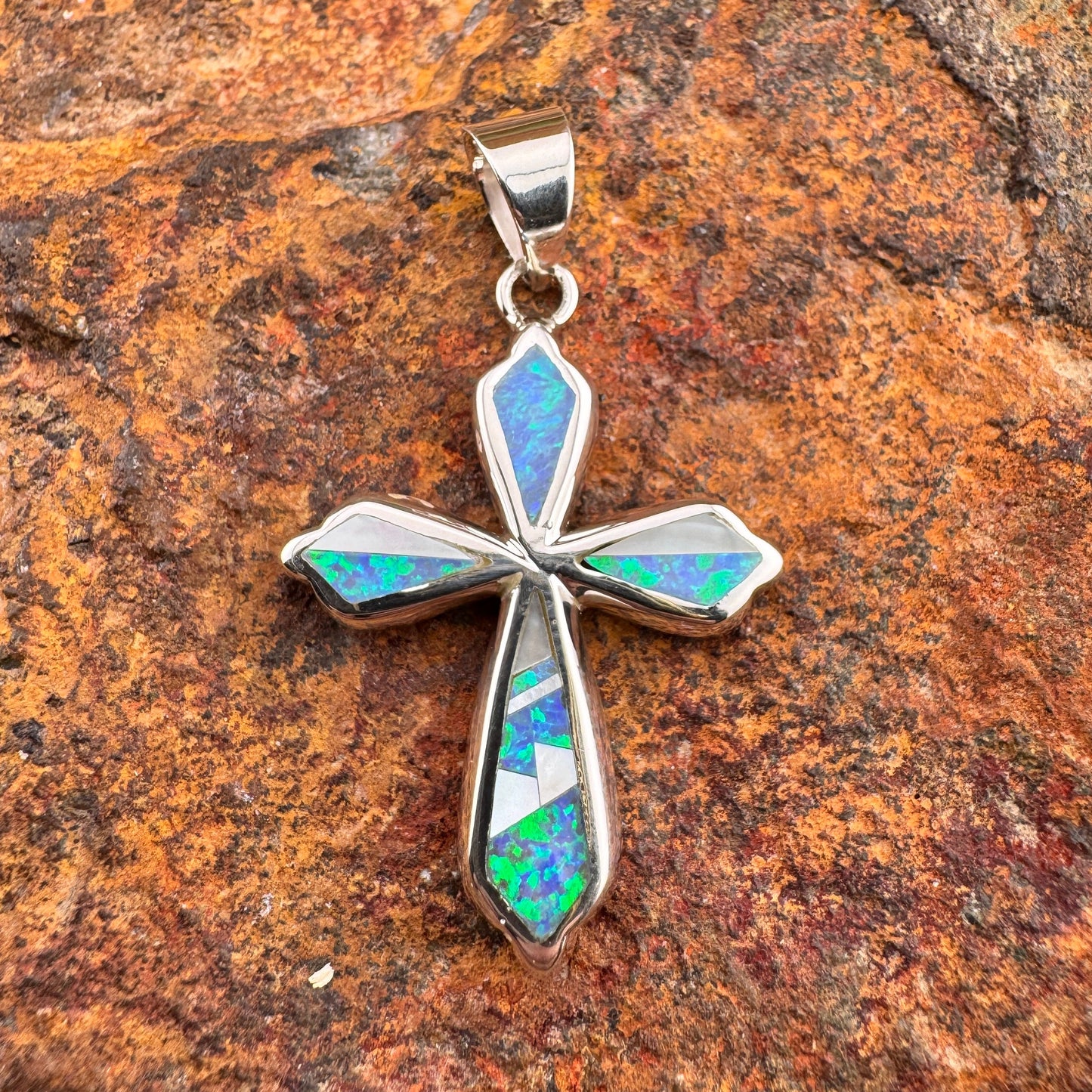 David Rosales Mystic Pearl Inlaid Sterling Silver Pendant Cross