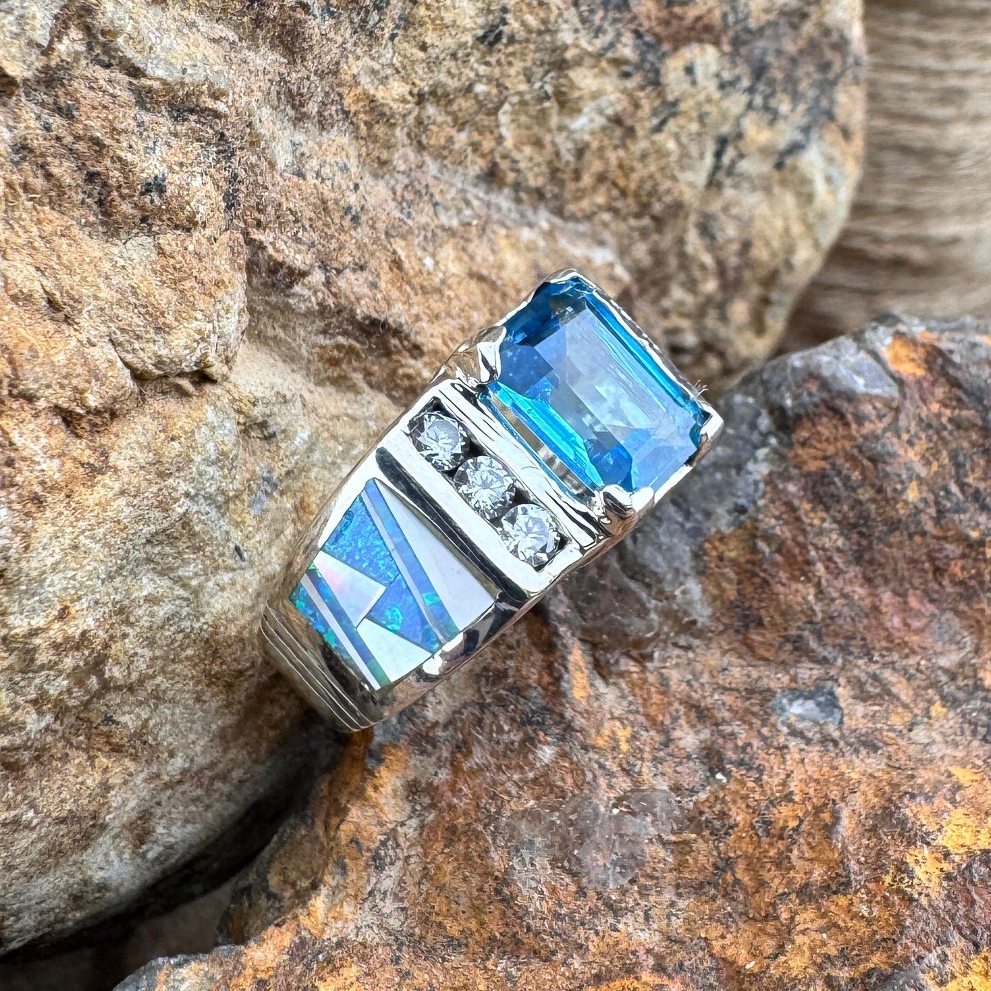 David Rosales Mystic Pearl Inlaid Sterling Silver Ring w/ Blue Topaz & CZ