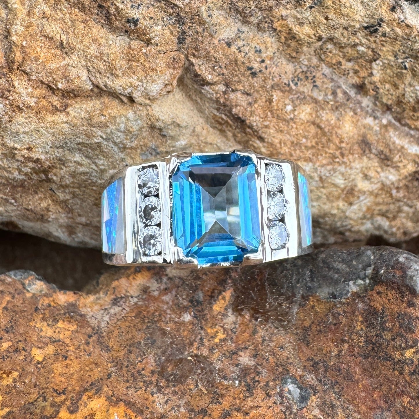 David Rosales Mystic Pearl Inlaid Sterling Silver Ring w/ Blue Topaz & CZ