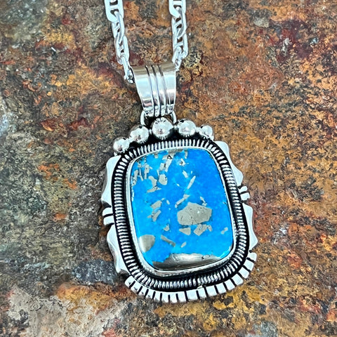 Ithica Peak Kingman Turquoise Sterling Silver Pendant by Wil Denetdale