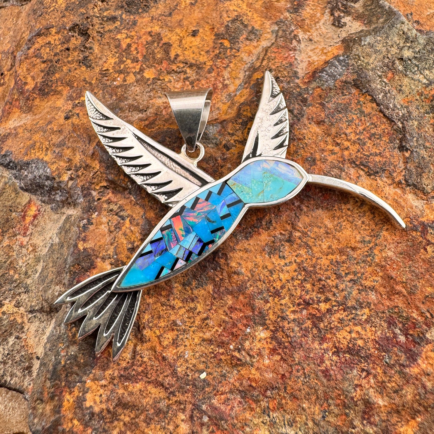 David Rosales Stardust Inlaid Sterling Silver Pendant Hummingbird