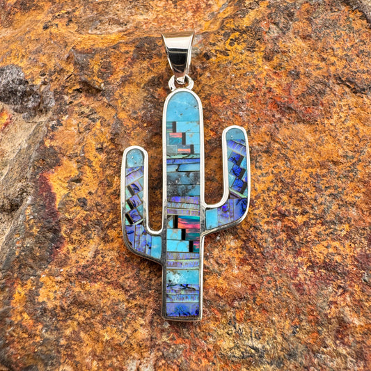 David Rosales Stardust Inlaid Sterling Silver Pendant Cactus