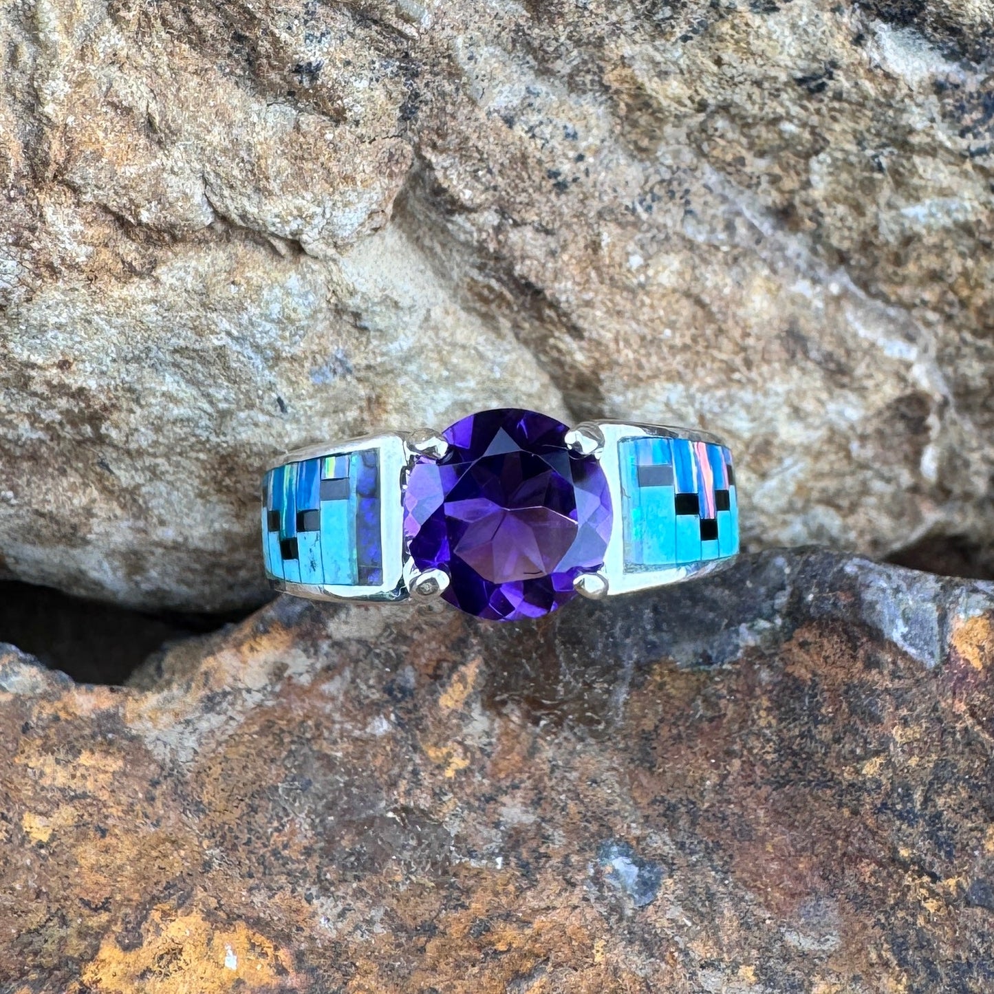 David Rosales Stardust Inlaid Sterling Silver Ring w/ Peridot Amethyst