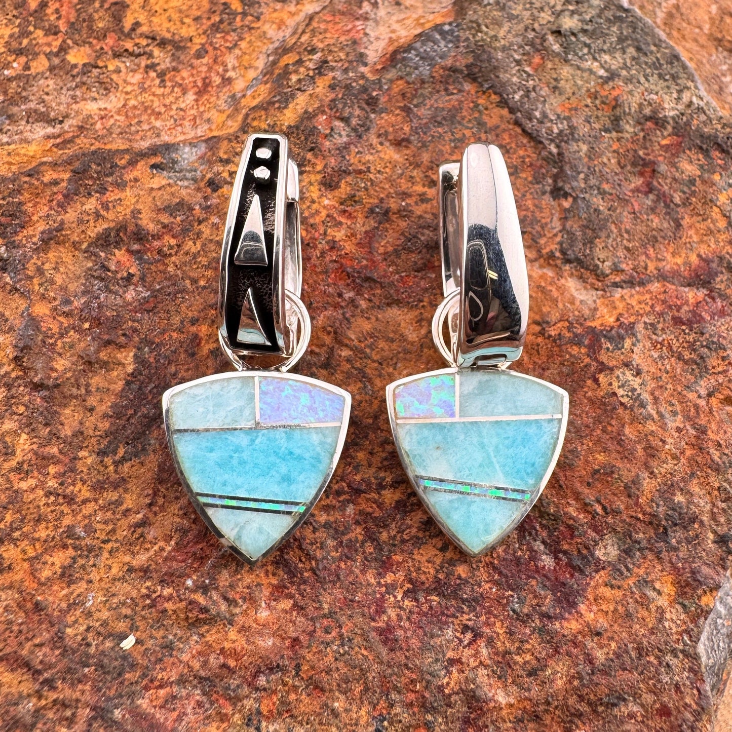 David Rosales Amazing Light Inlaid Sterling Silver Earrings Huggie Dangle