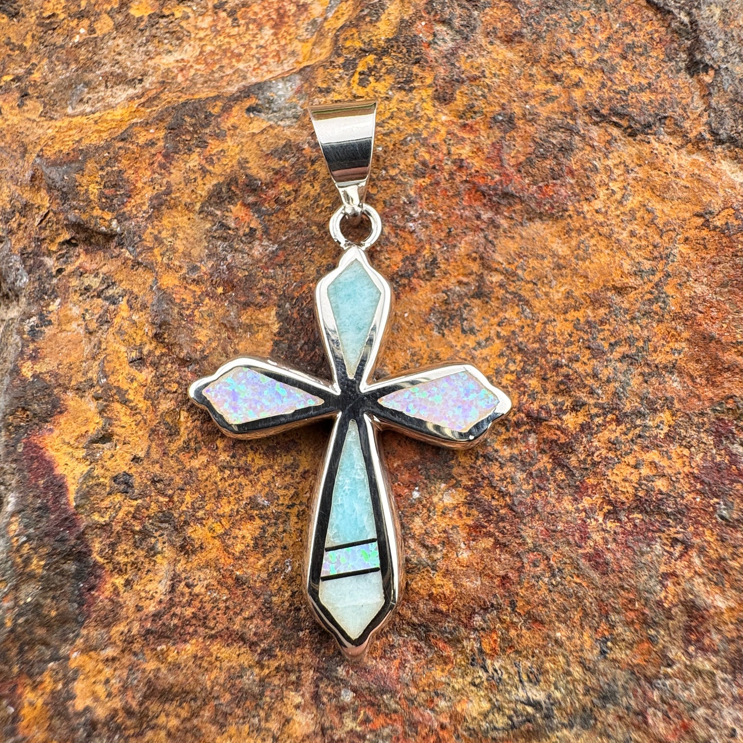 David Rosales Amazing Light Inlaid Sterling Silver Pendant Cross