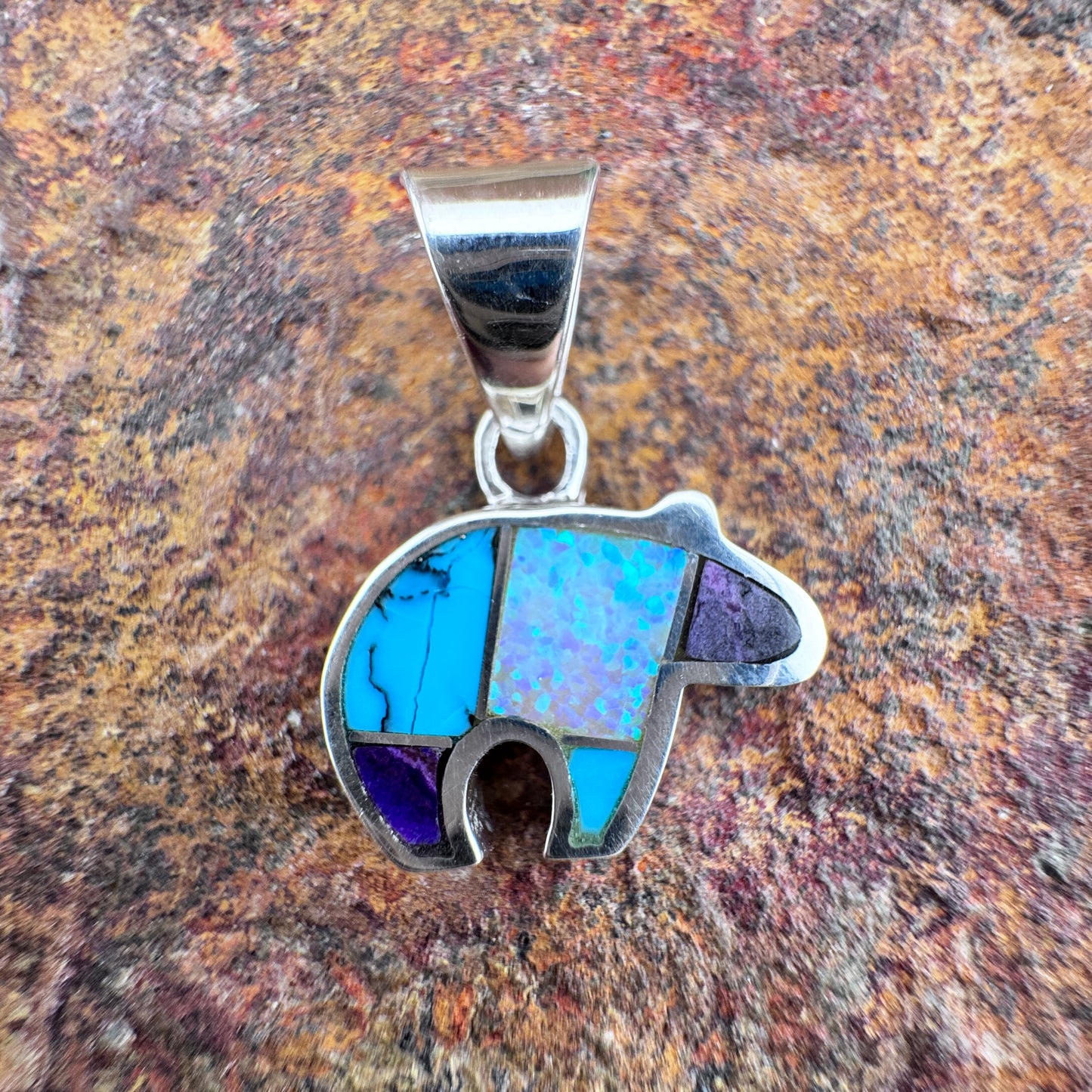 David Rosales Shalako Inlaid Sterling Silver Pendant Little Bear