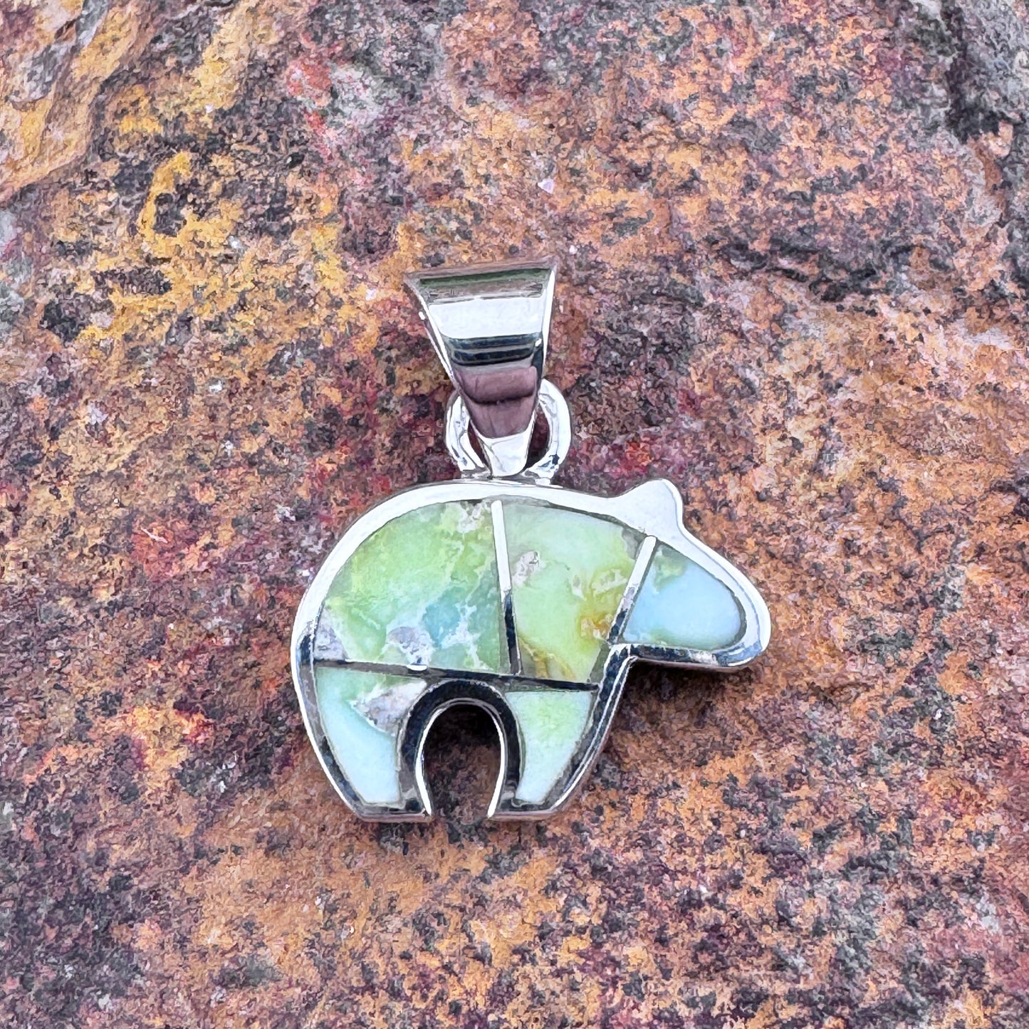David Rosales Palomino Inlaid Sterling Silver Pendant Bear