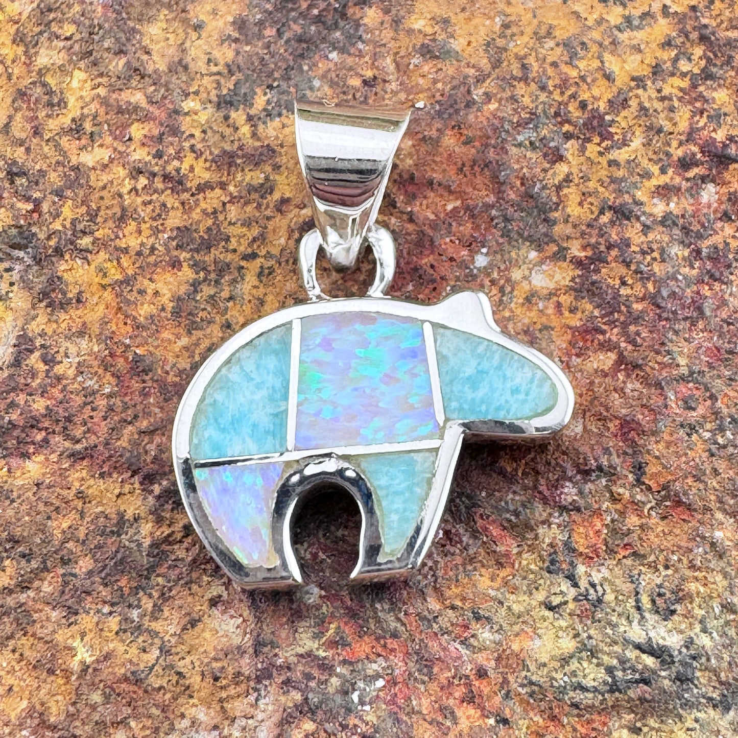 David Rosales Amazing Light Inlaid Sterling Silver Pendant Little Bear