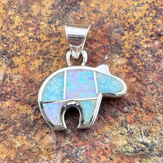 David Rosales Amazing Light Inlaid Sterling Silver Pendant Little Bear