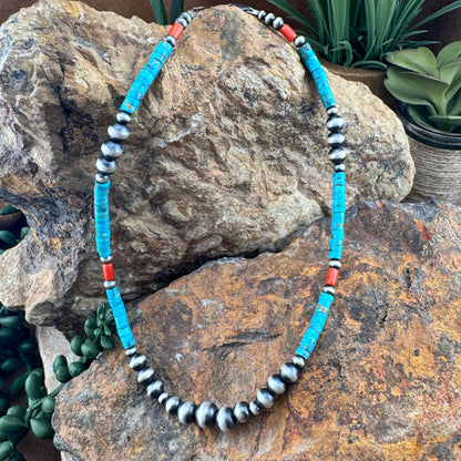 Turquoise Heishi & Red Coral Beaded Necklace with Navajo Pearls – 14"
