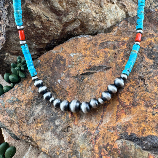 Turquoise Heishi & Red Coral Beaded Necklace with Navajo Pearls – 14"