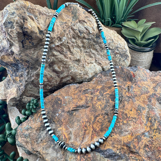 Turquoise Heishi & Graduated Navajo Pearl Necklace – 16"