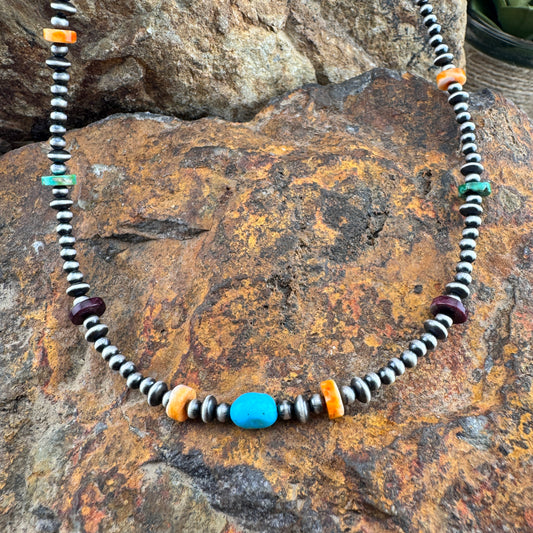 Multicolor Spiny Oyster & Turquoise Beaded Necklace – 14"