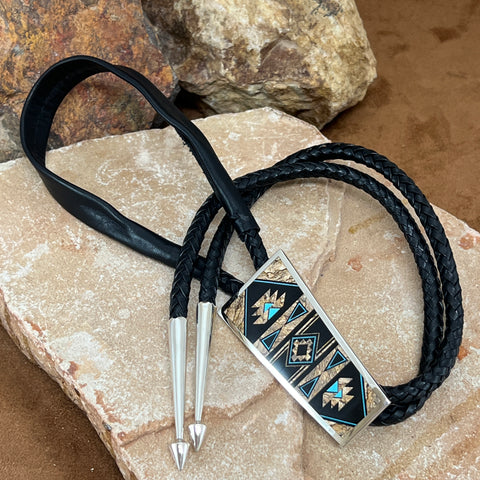 David Rosales Turquoise Creek Fancy Inlaid Sterling Silver Bolo Tie