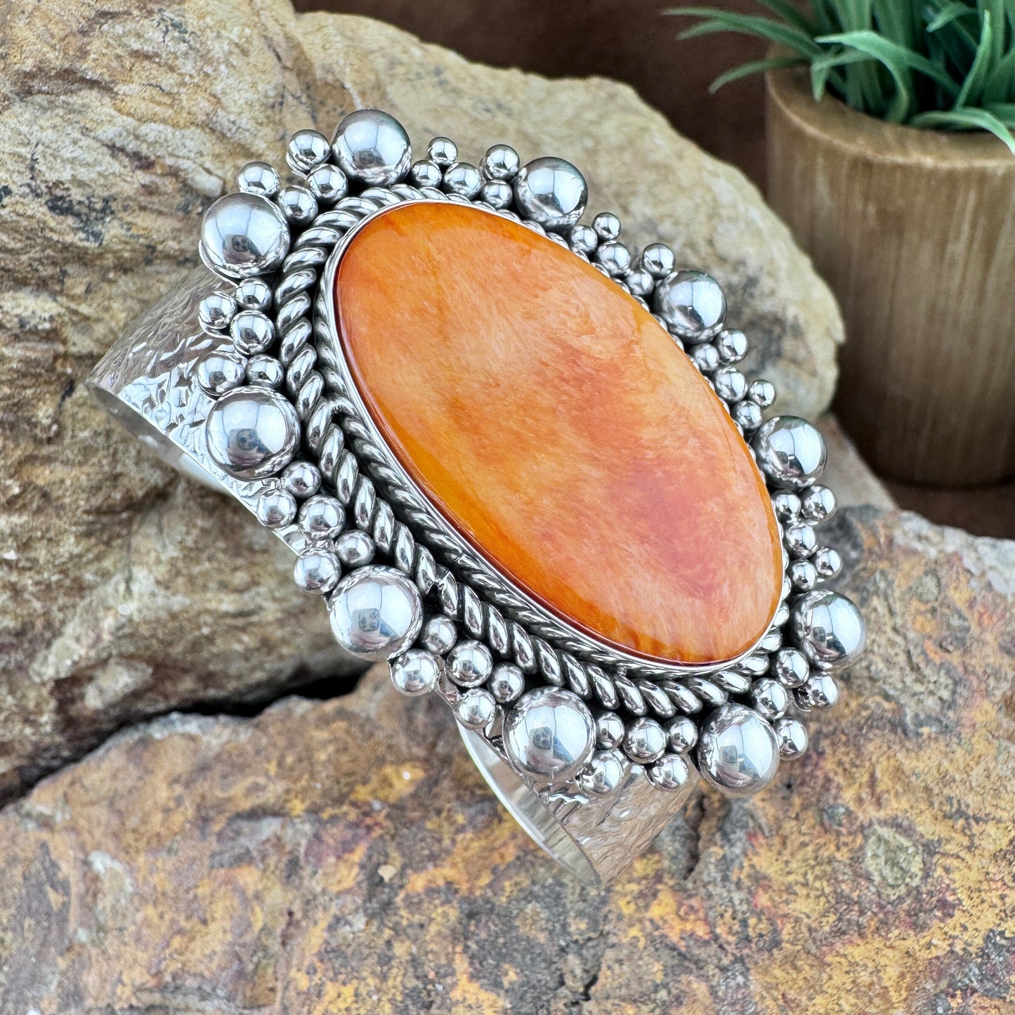 Orange Spiny Oyster Sterling Silver Bracelet by Artie Yellowhorse