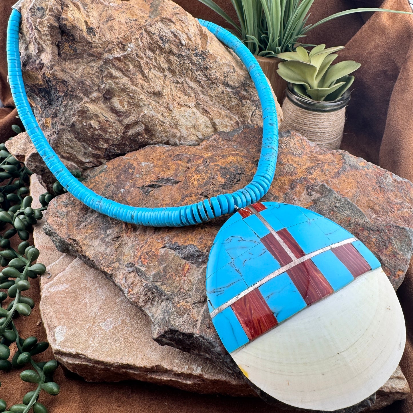 Inlaid Shell & Turquoise Pendant Necklace with Heishi Strand - Estate
