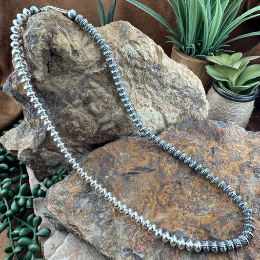 Leonard Nez 18" Half Stamped Oxidized and Polished Sterling Silver Bead Necklace