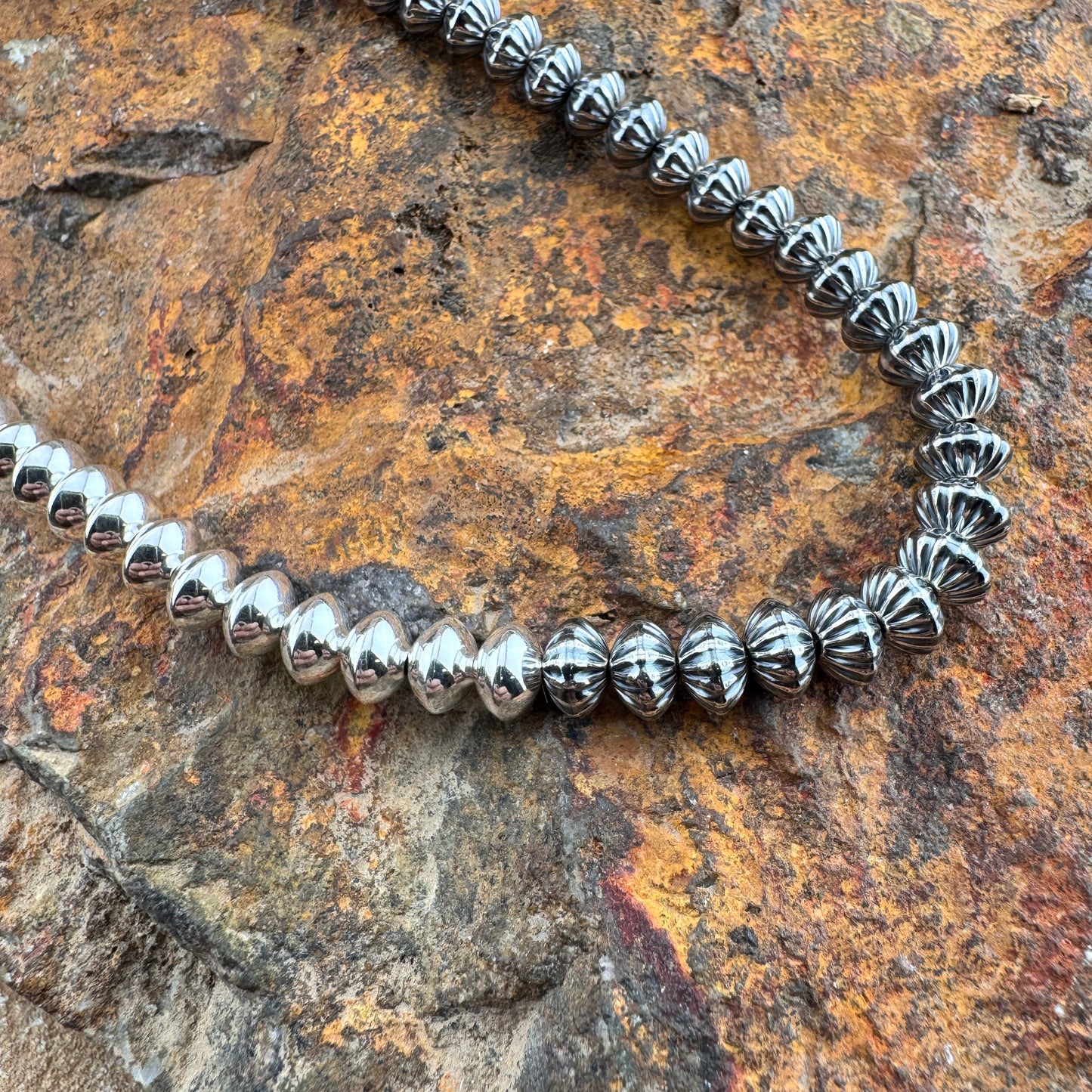 Leonard Nez 18" Half Stamped Oxidized and Polished Sterling Silver Bead Necklace