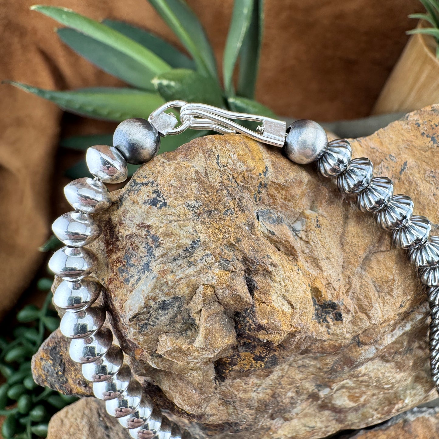 Leonard Nez 18" Half Stamped Oxidized and Polished Sterling Silver Bead Necklace