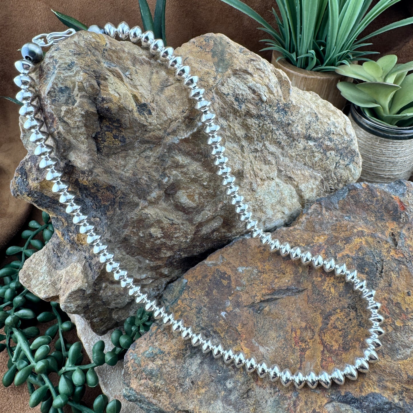 Leonard Nez 16" Polished Sterling Silver Bead Necklace