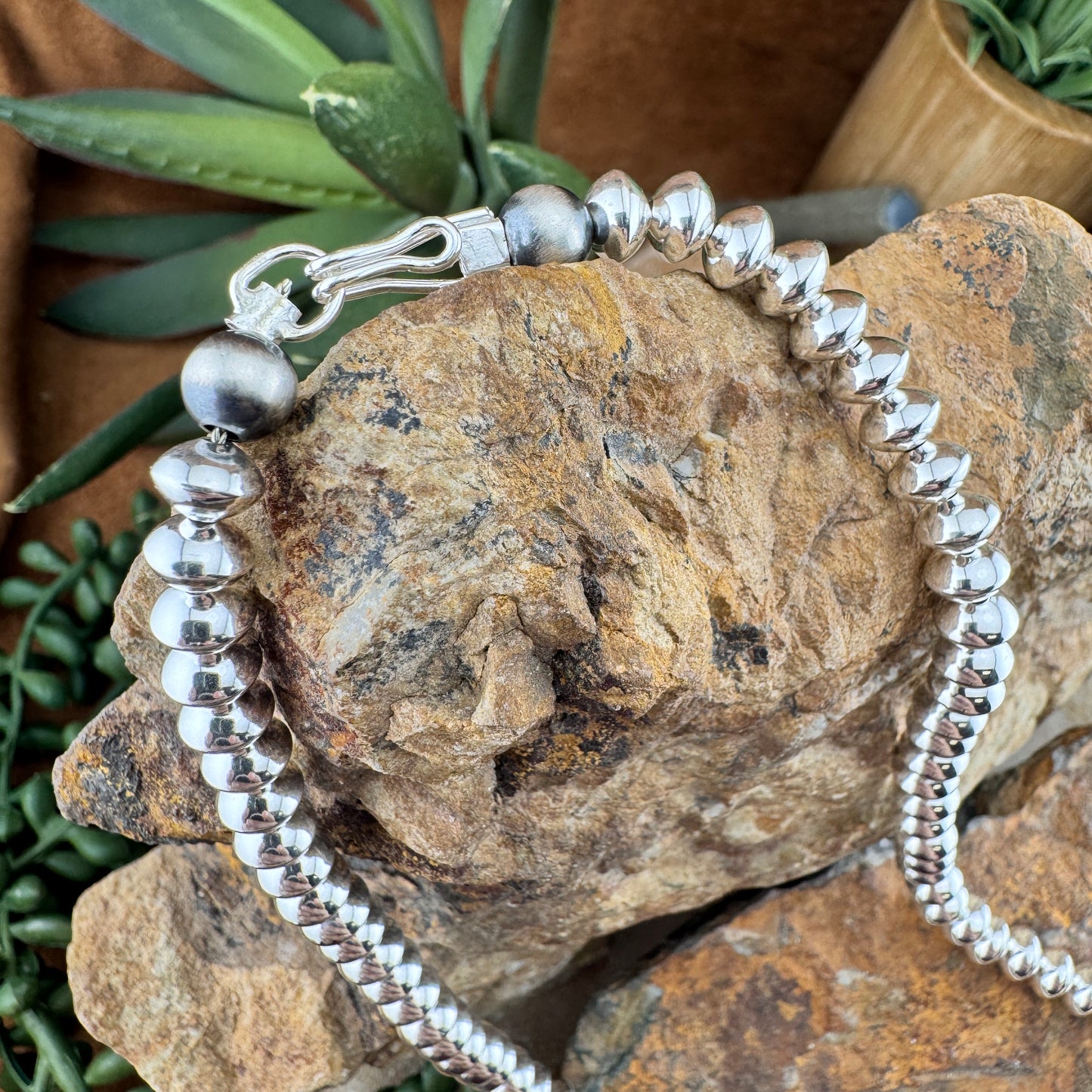 Leonard Nez 16" Polished Sterling Silver Bead Necklace