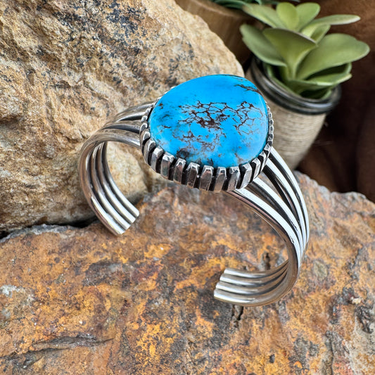 Apache Blue Turquoise Sterling Silver Bracelet by Leonard Nez