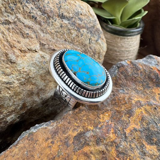 Kingman Turquoise Sterling Silver Ring by Leonard Nez Size 10 - Adjustable