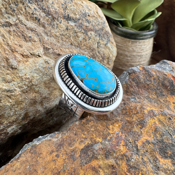 Kingman Turquoise Sterling Silver Ring by Leonard Nez Size 10 - Adjustable