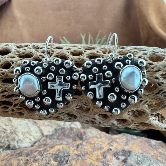 Million Drops Fresh Water Pearl Sterling Silver Cross Heart Earrings by Ray Coriz