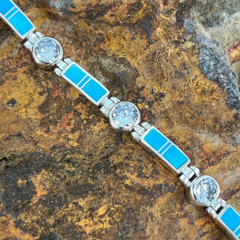David Rosales Arizona Blue Inlaid Sterling Silver Link Bracelet w/ CZ