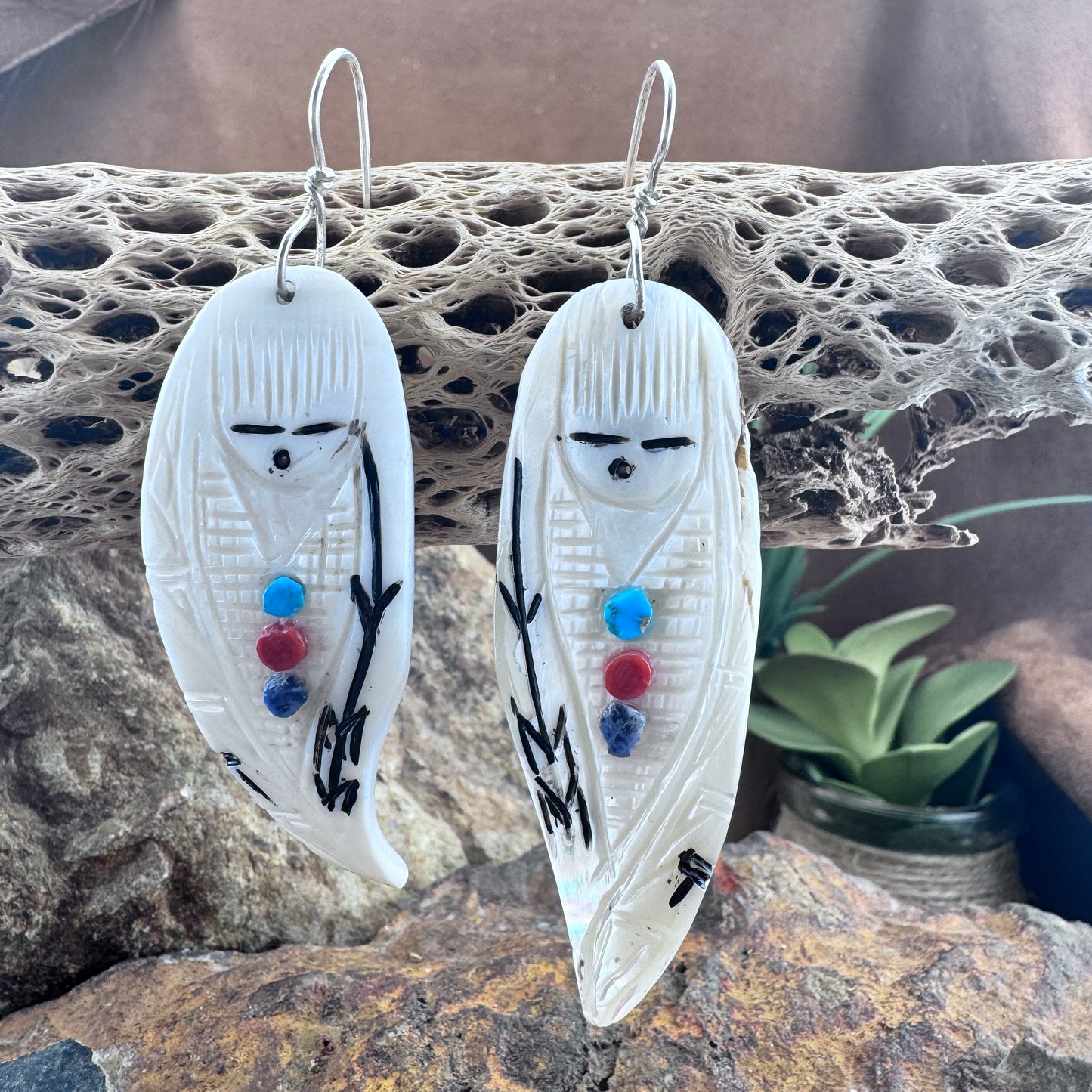 Hand-Carved Shell Corn Maiden Earrings by Gloria Chattin-Navajo