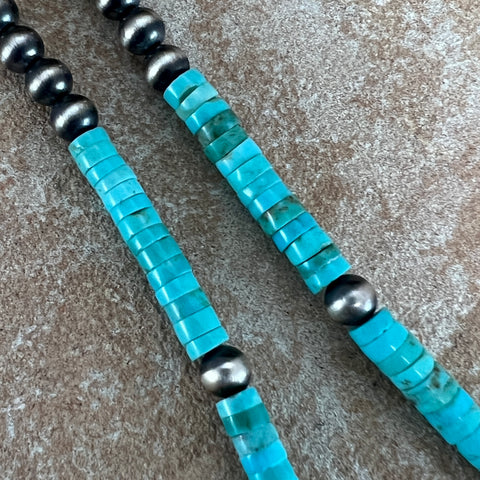 22" Kingman Turquoise Sterling Silver Beaded Necklace by Ester Reano