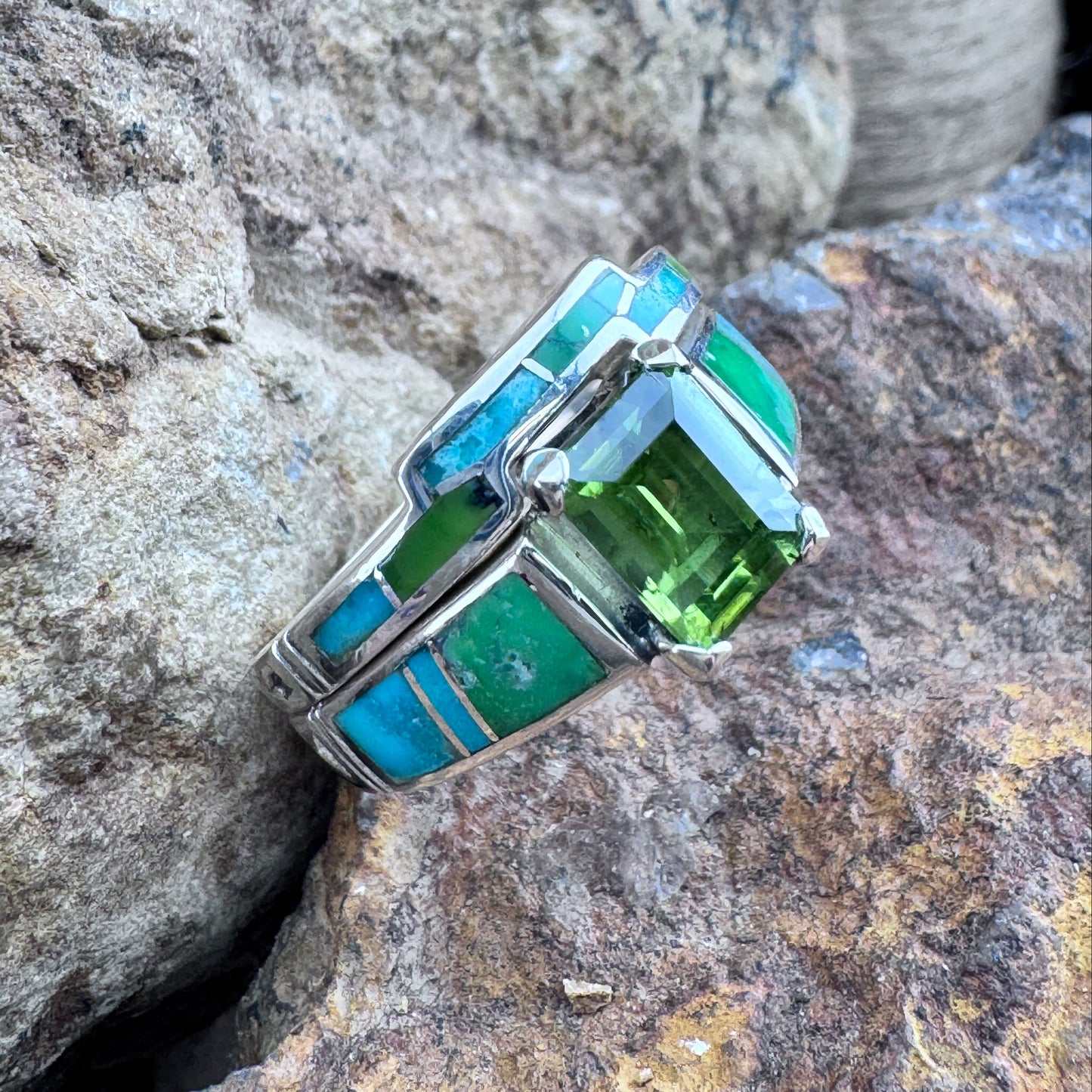 David Rosales Sonoran Gold Inlaid Sterling Silver Ring Set w/ Peridot