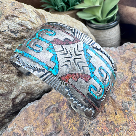 Vintage Chipped Coral & Kingman Turquoise Inlay Sterling Silver Cuff – Native American -Estate