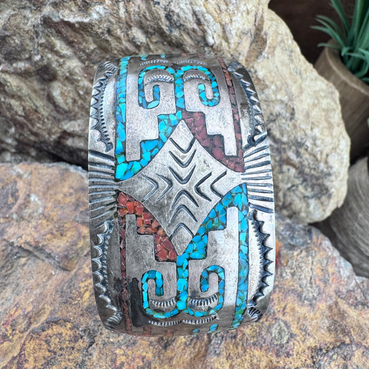 Vintage Chipped Coral & Kingman Turquoise Inlay Sterling Silver Cuff – Native American -Estate