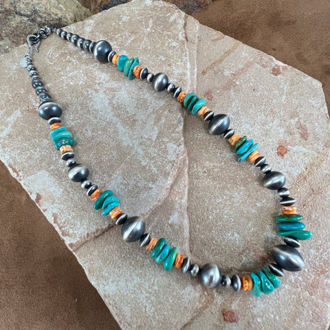 20" Kingman Turquoise Spiny Sterling Silver Beaded Necklace by Rose Martin