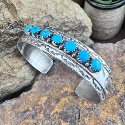 Vintage Kingman Turquoise Row Set Sterling Silver Stamped Cuff – Native American -Estate