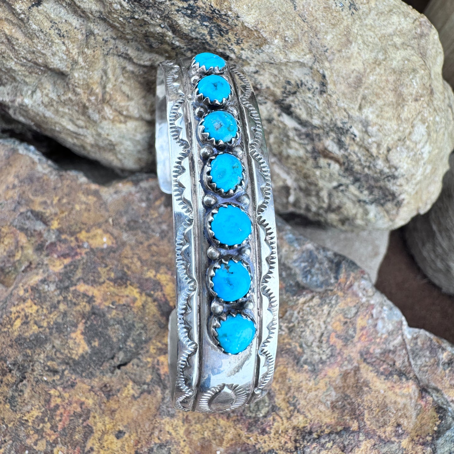 Vintage Kingman Turquoise Row Set Sterling Silver Stamped Cuff – Native American -Estate