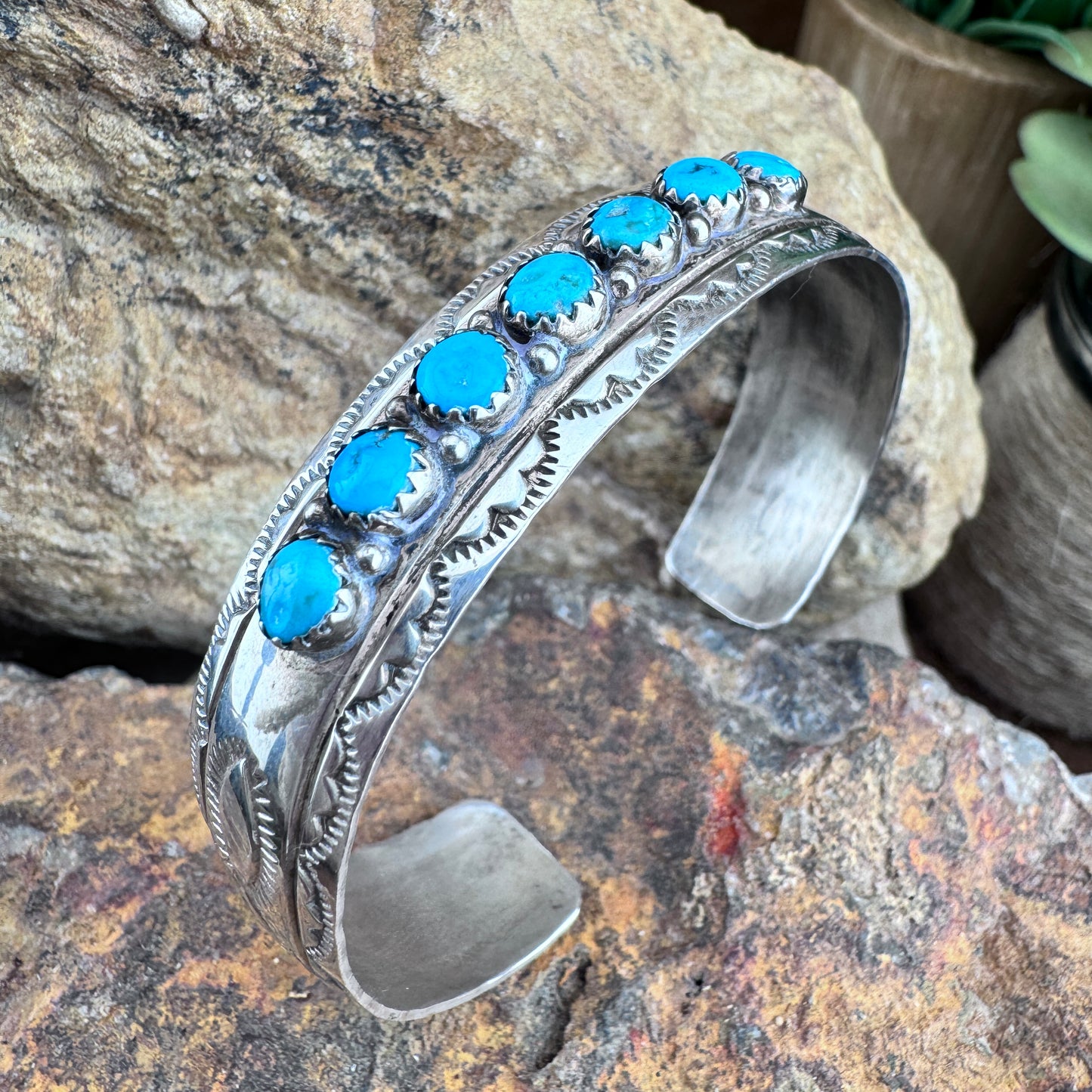 Vintage Kingman Turquoise Row Set Sterling Silver Stamped Cuff – Native American -Estate