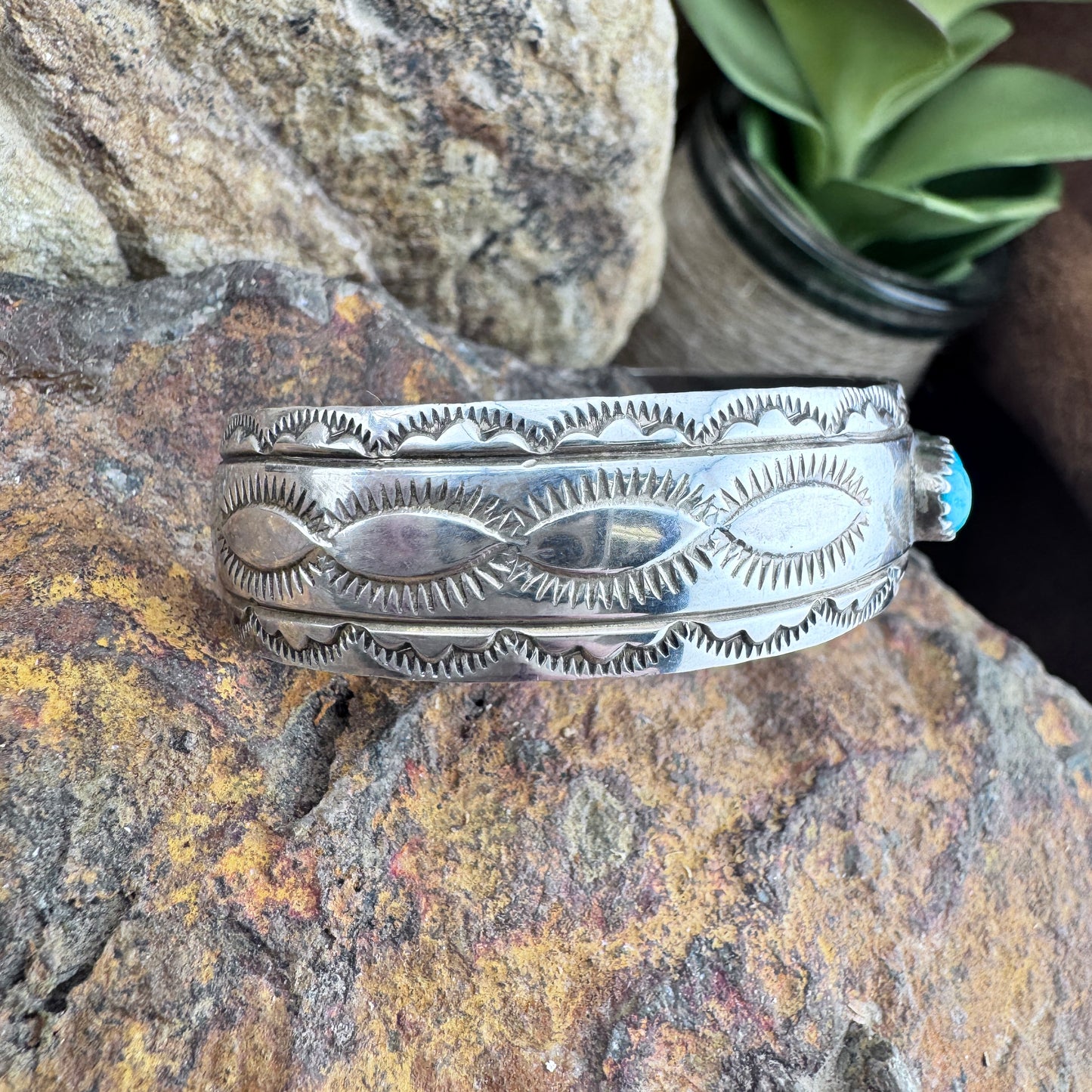 Vintage Kingman Turquoise Row Set Sterling Silver Stamped Cuff – Native American -Estate