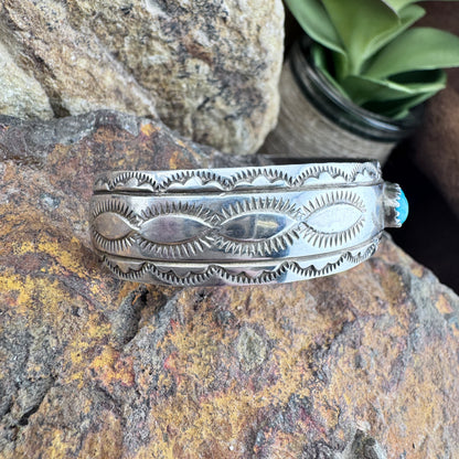 Vintage Kingman Turquoise Row Set Sterling Silver Stamped Cuff – Native American -Estate