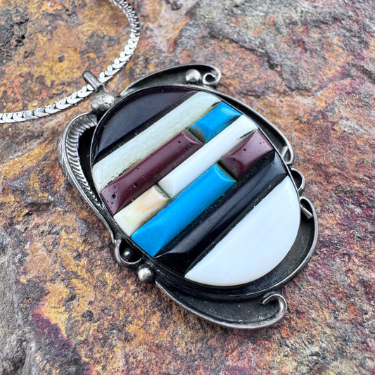 Vintage Multi-Stone Inlay Pendant - Black Onyx Turquoise Shell - Estate